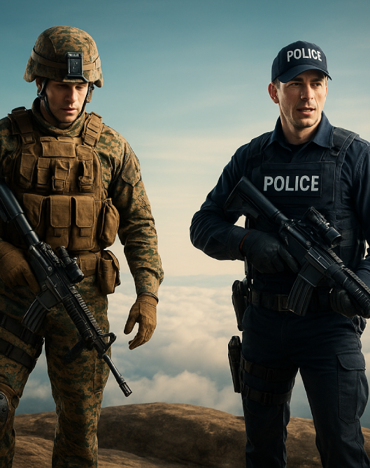 Camouflage field fabric and a navy police duty shirt laid out with regulation insignia